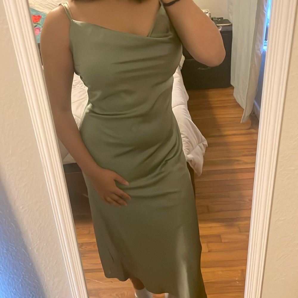 Satin sage green cowl neck midi dress